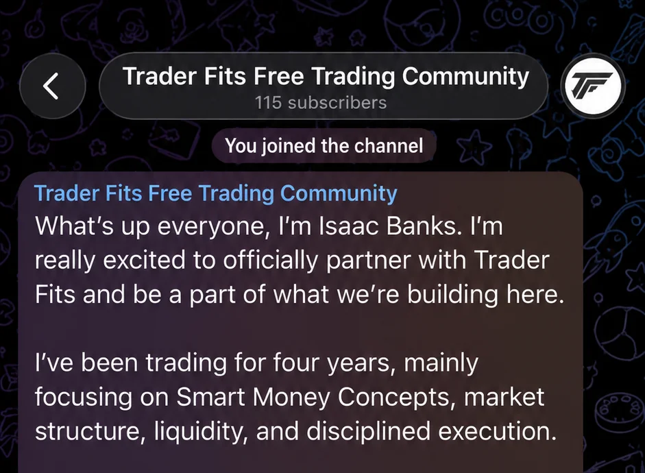 Isaac's introduction message in the Trader Fits Free Trading Community on Telegram